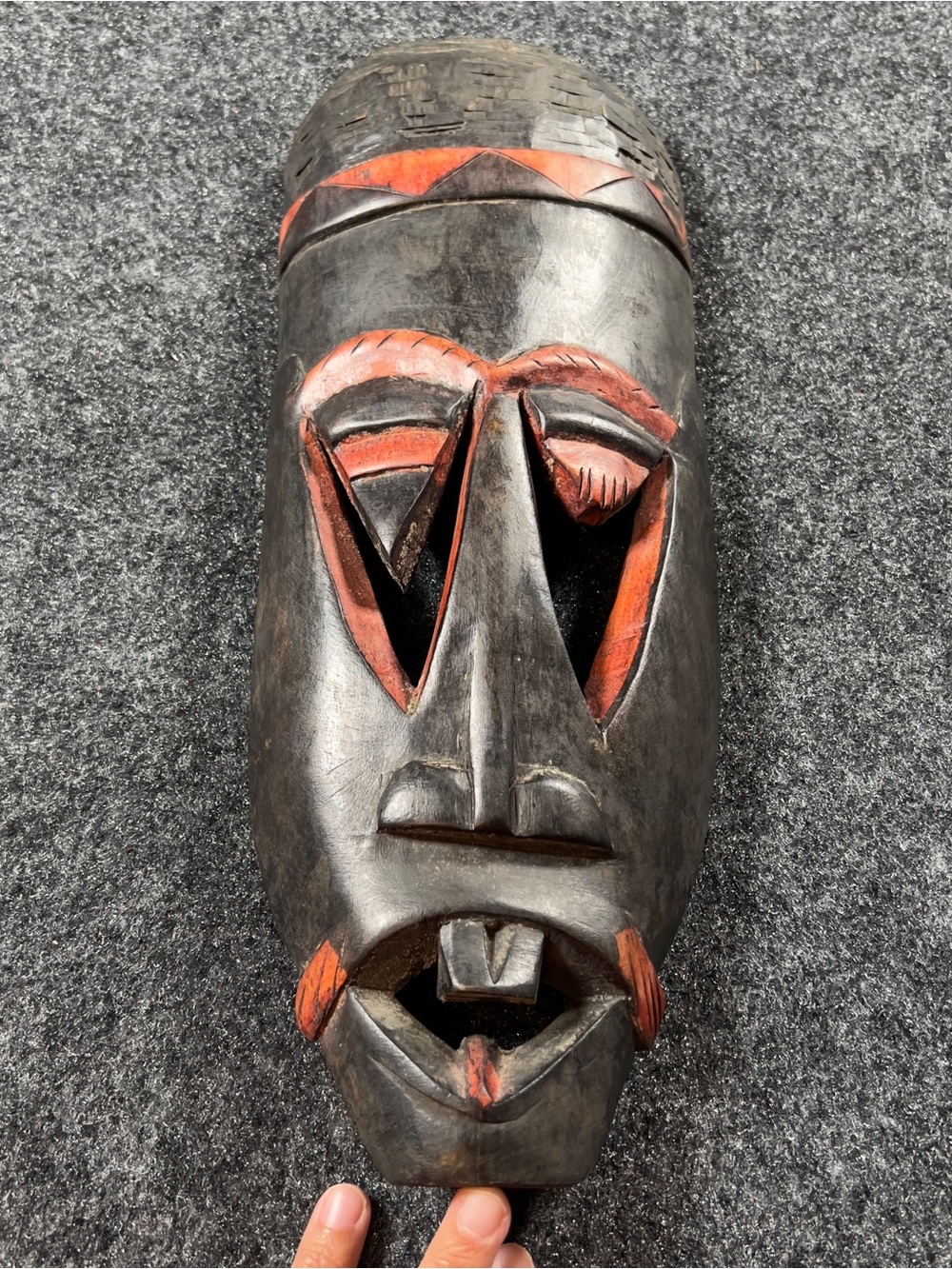 Hand Carved Wood Folk Art Mask Black Red Tribal Style Wall Decor 15”